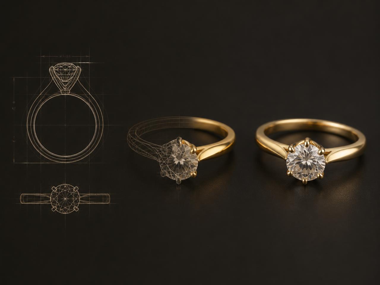 Transición entre dibujo técnico y render 3D de un anillo solitario de oro amarillo con diamante